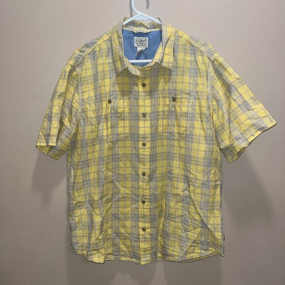 L.L. Bean Other - LL Bean Shirt Men's XXL Button Up Yellow Plaid Short Sleeve Linen Cotton Preppy